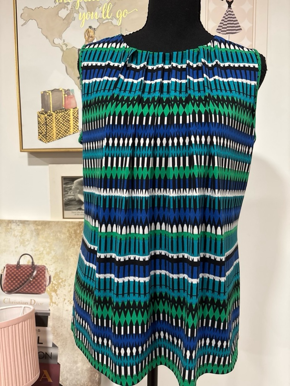 Calvin Klein Blue, Green & Black Patterned Sleeveless Top